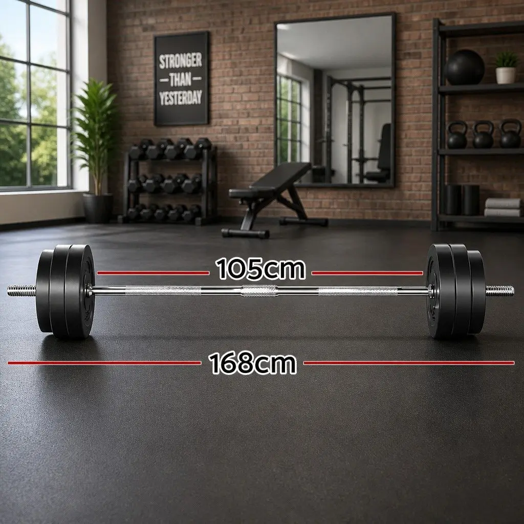 Barbell Set Steel 168cm Black Weight Plates 58kg Home Gym Exercise