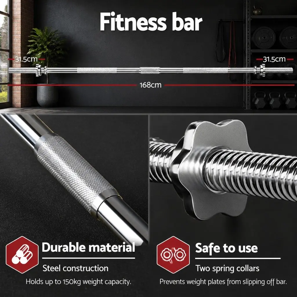 Barbell Set Steel 168cm Black Weight Plates 58kg Home Gym Exercise
