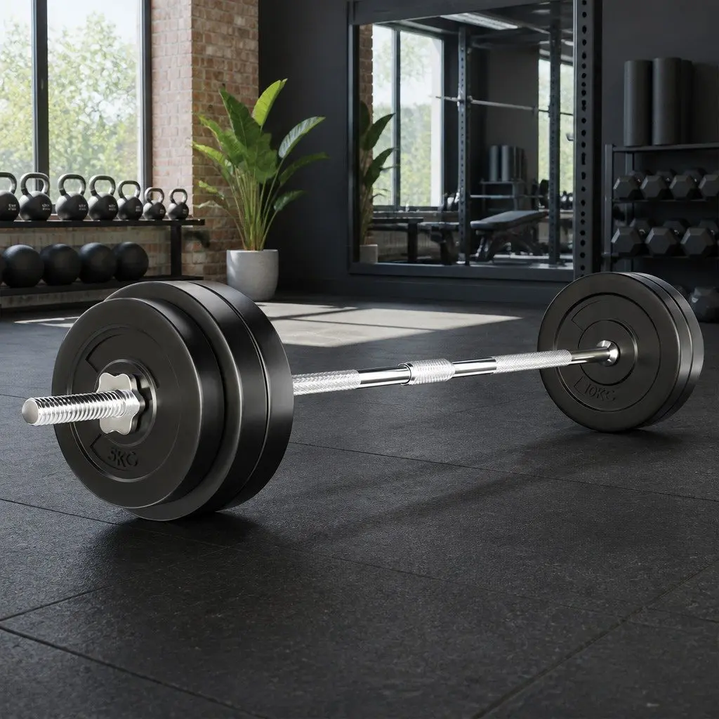 Barbell Set Steel 168cm Black Weight Plates 58kg Home Gym Exercise