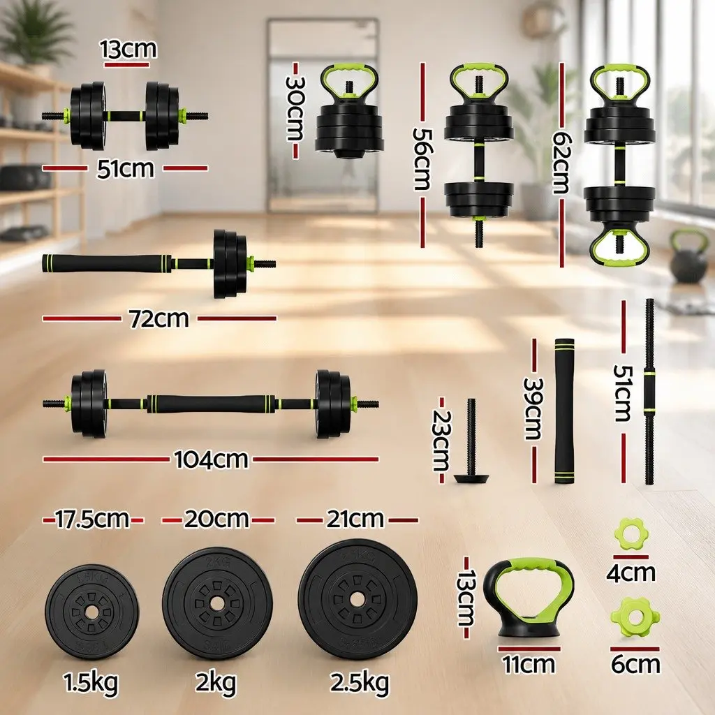 Adjustable Dumbbell Barbell Kettlebell Weight Plates Set Polyethylene Plastic Cement 25kg Black Green
