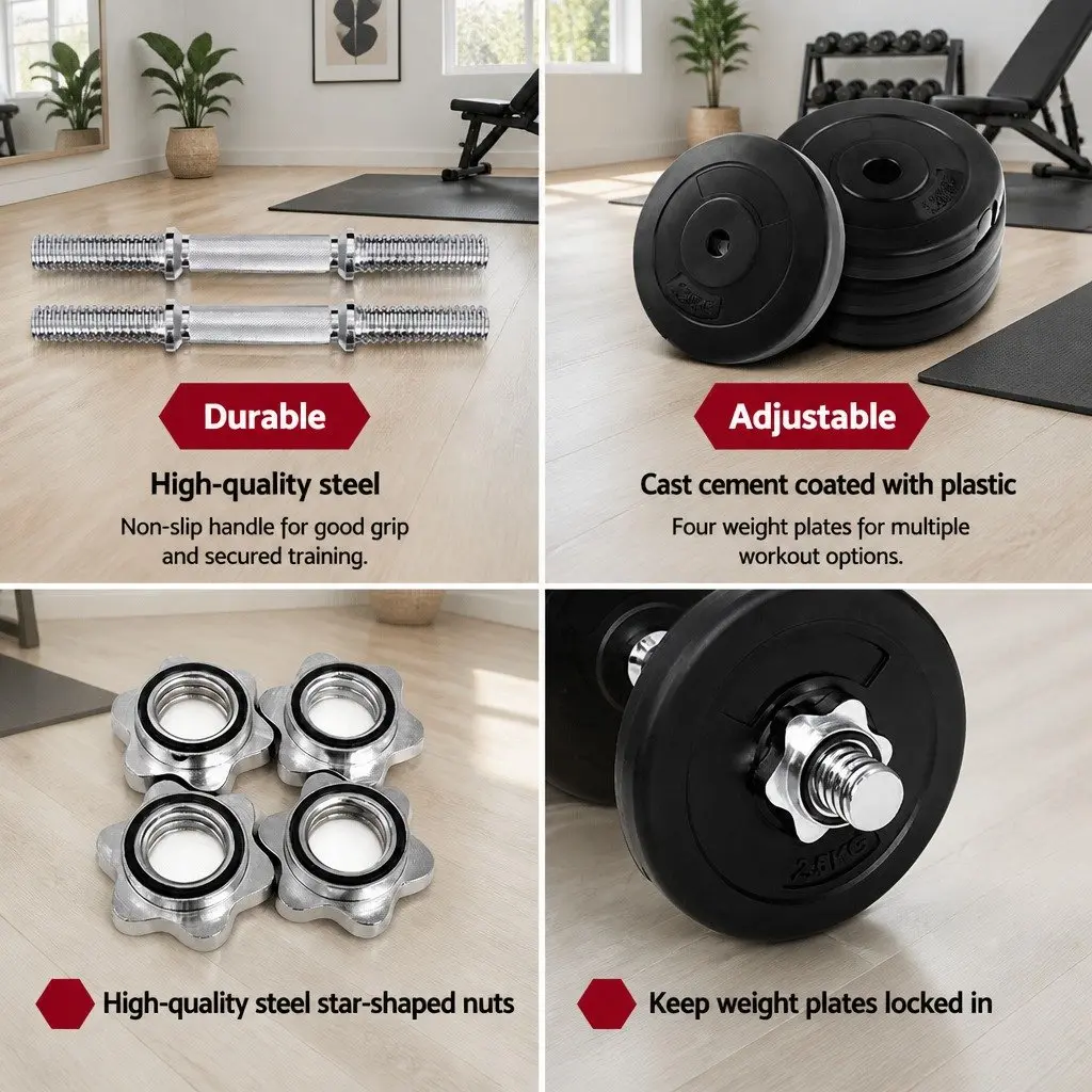 Dumbbell Set Adjustable Weight Plates Steel 15kg Black and Silver