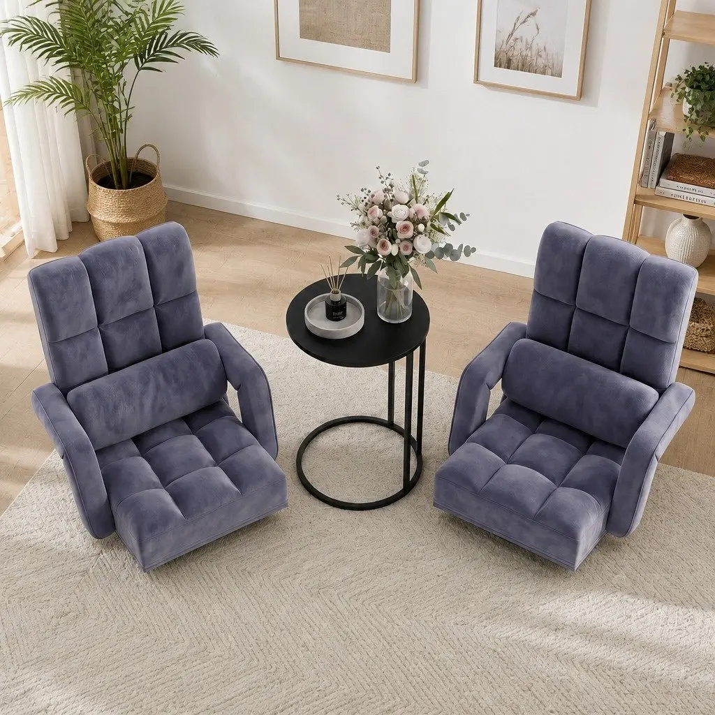 Floor Lounge Chair Adjustable Linen Charcoal C-Shape Side Table Particle Board Black Set