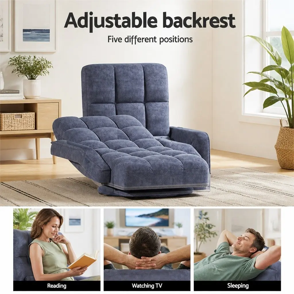 Floor Lounge Chair Adjustable Linen Charcoal C-Shape Side Table Particle Board Black Set
