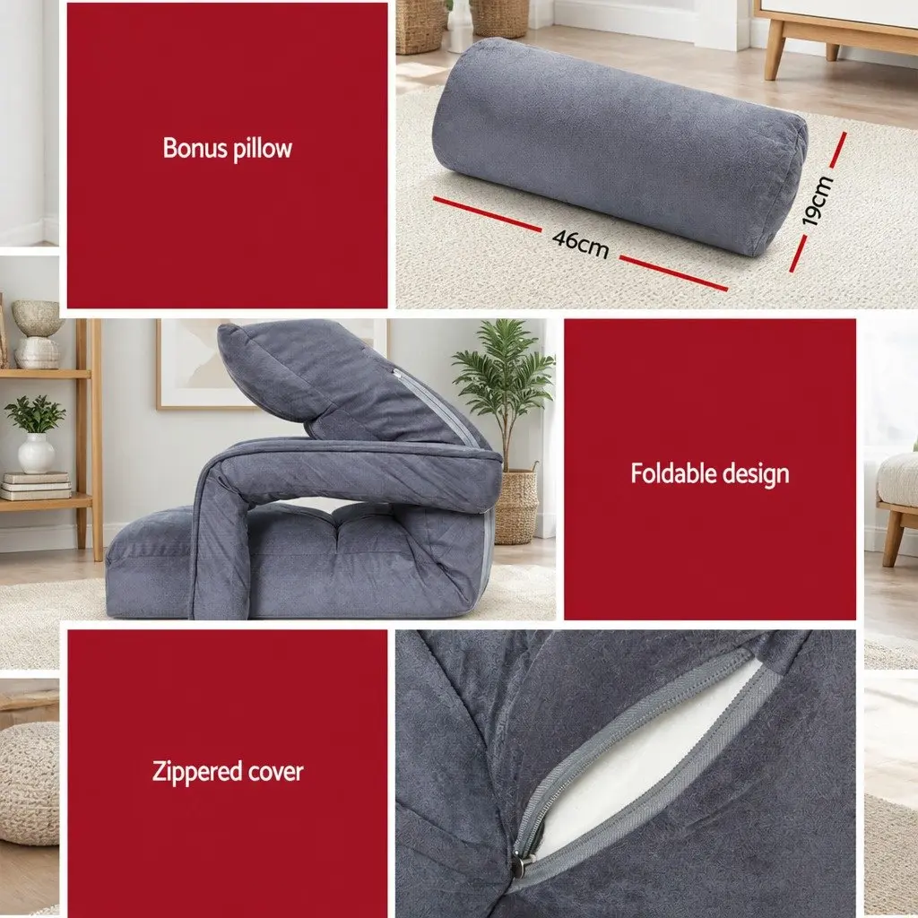 Floor Lounge Chair Adjustable Linen Charcoal C-Shape Side Table Particle Board Black Set