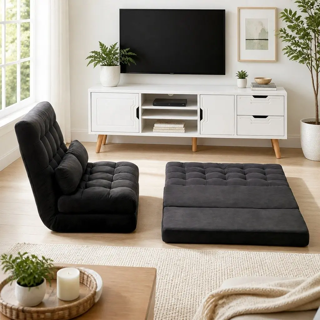 Adjustable Floor Lounge Sofa Bed with Entertainment Cabinet