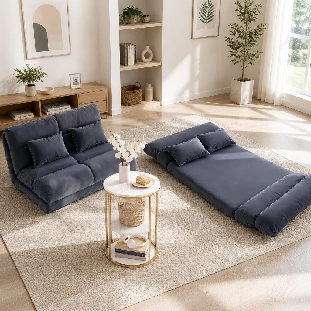 Floor Lounge Sofa Bed Oxford Fabric Charcoal Gold White with 2 Tier Coffee Table MDF PVC Metal Frame