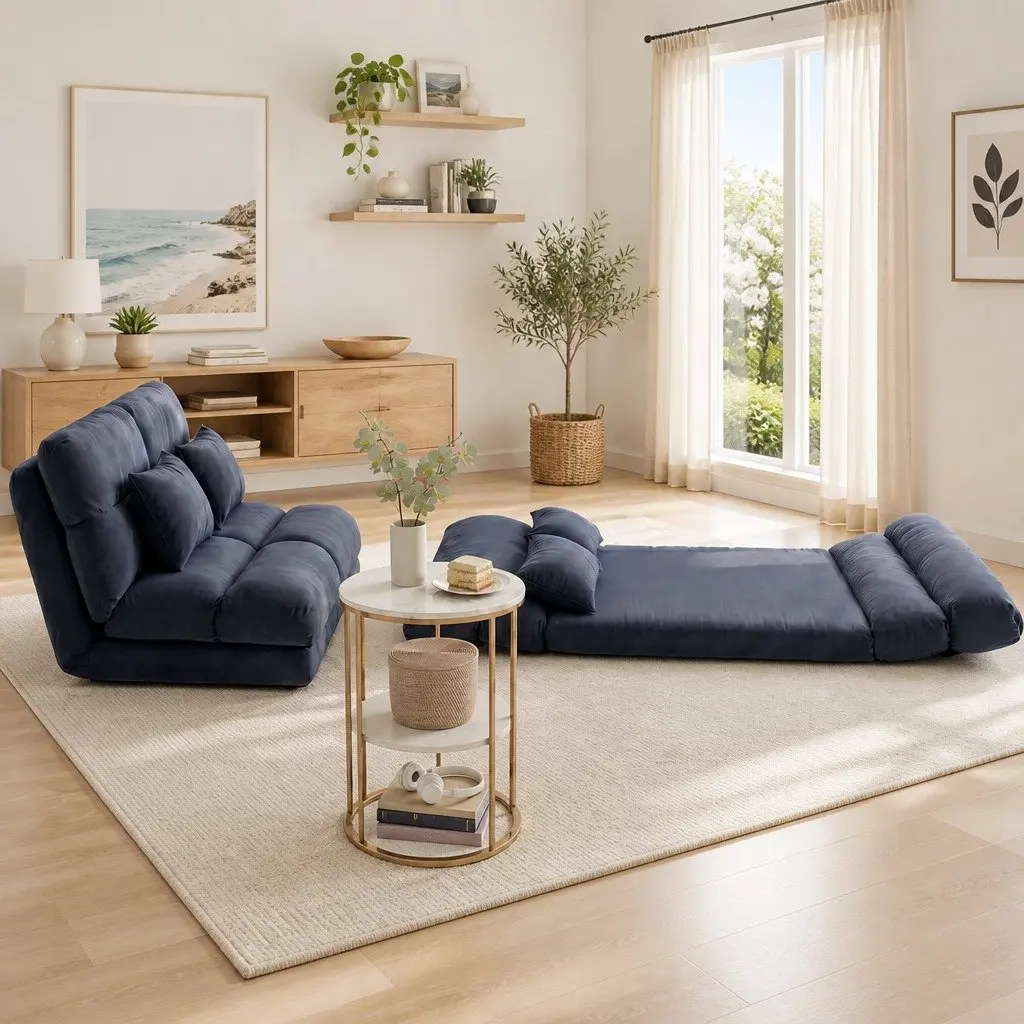 Floor Lounge Sofa Bed Oxford Fabric Charcoal Gold White with 2 Tier Coffee Table MDF PVC Metal Frame