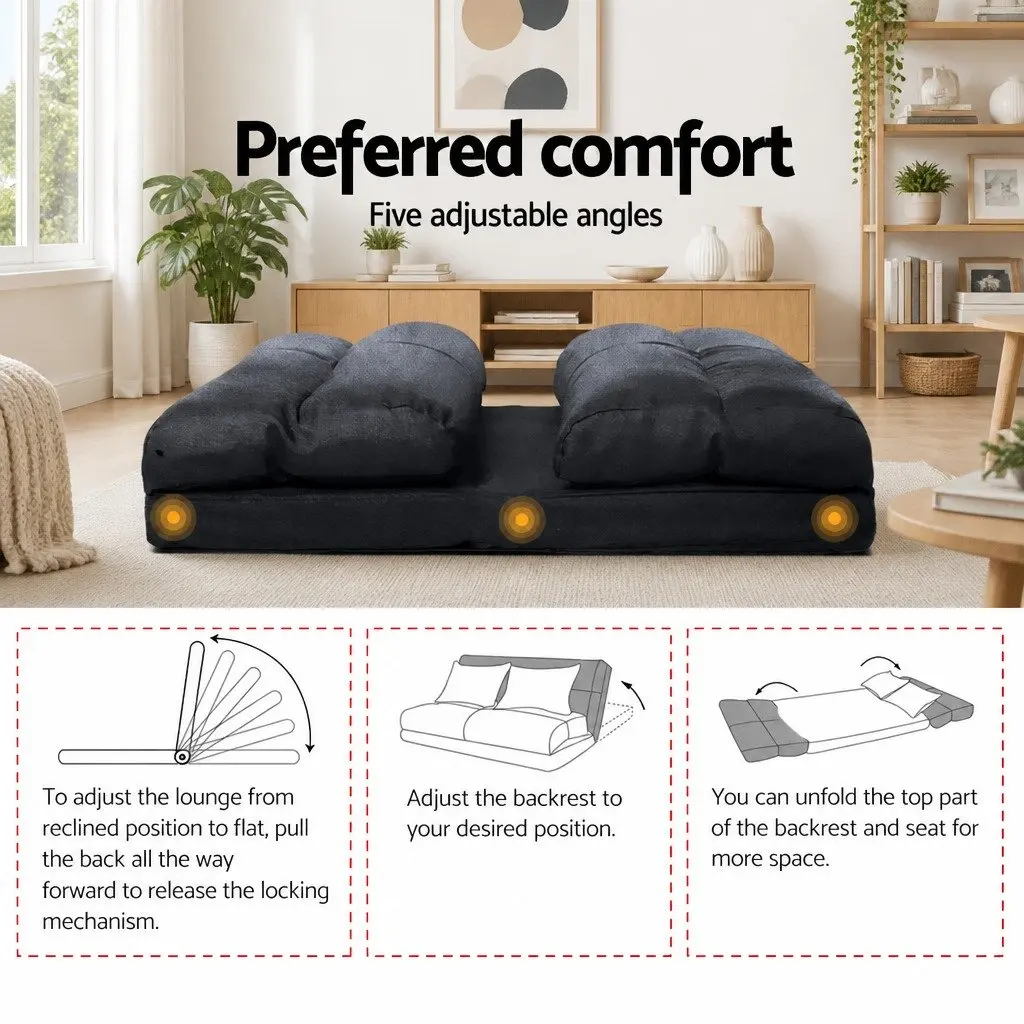 Floor Lounge Sofa Bed Oxford Fabric Charcoal Gold White with 2 Tier Coffee Table MDF PVC Metal Frame