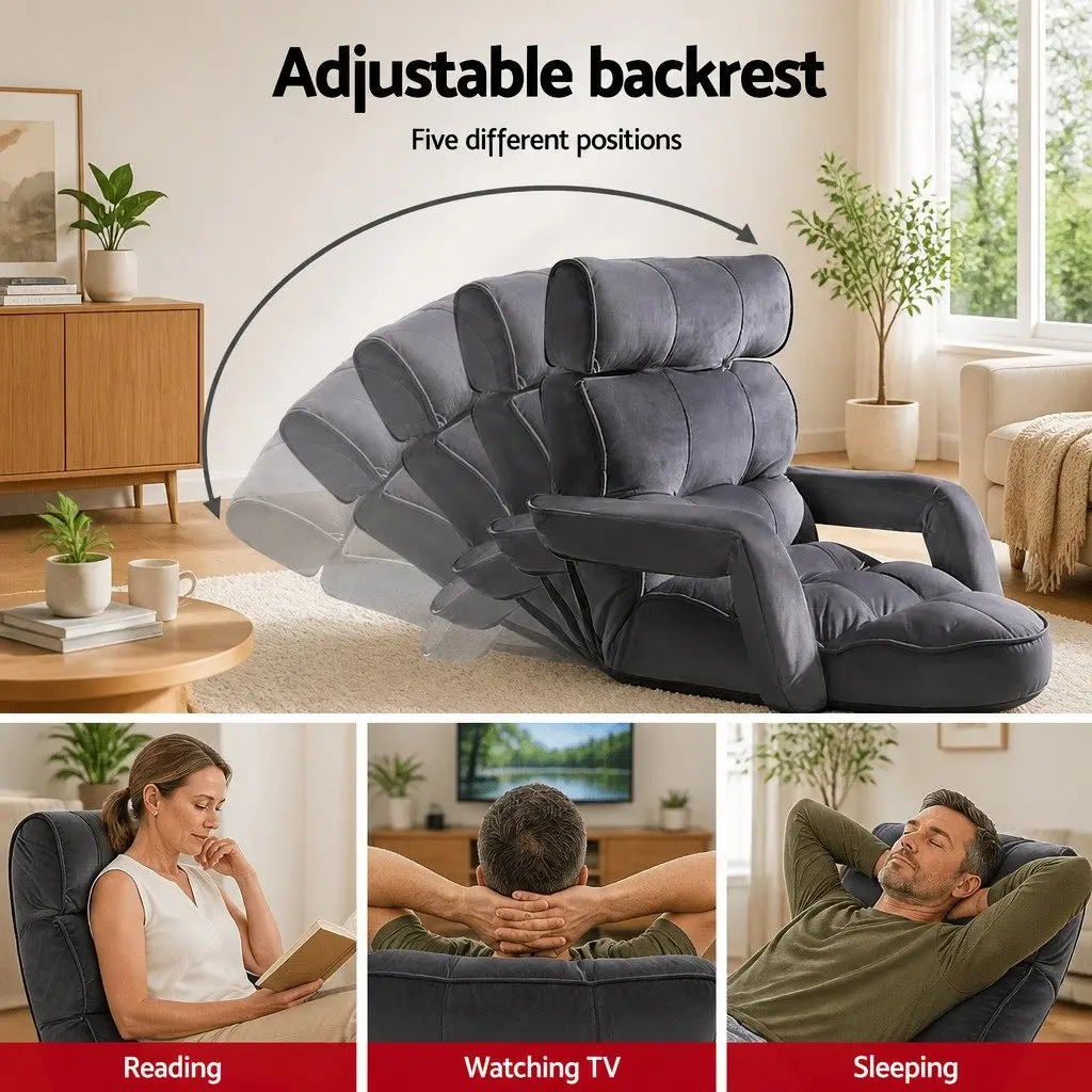 Adjustable Lounge Sofa Bed with Armrest in Charcoal