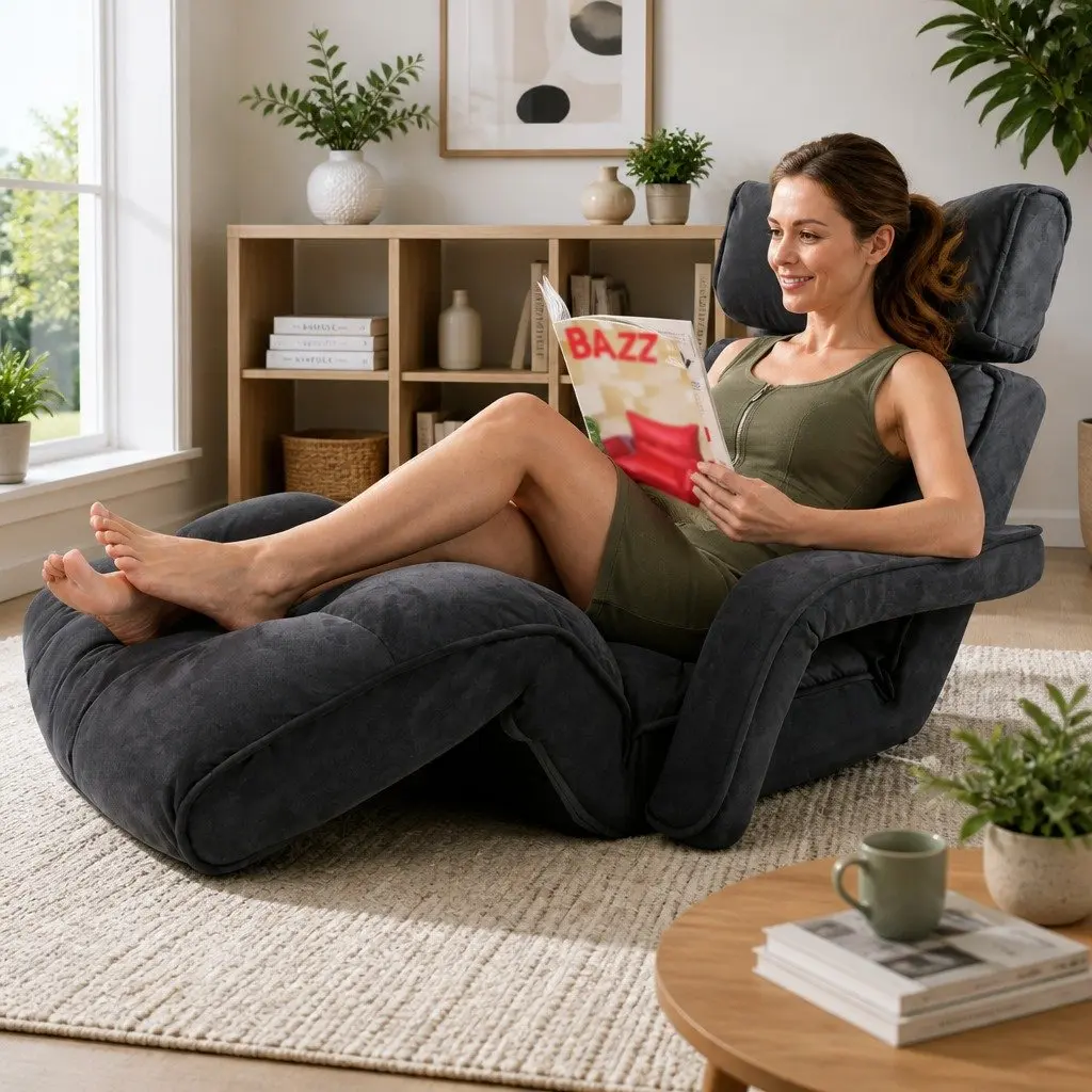 Adjustable Lounge Sofa Bed with Armrest in Charcoal