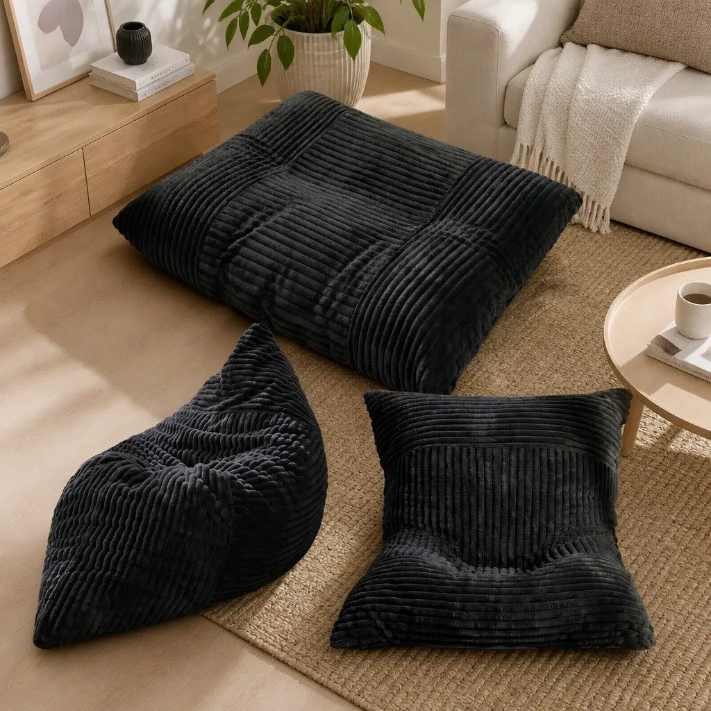 Bean Bag Chair Polyester 3-in-1 Convertible Lounger Bed Black