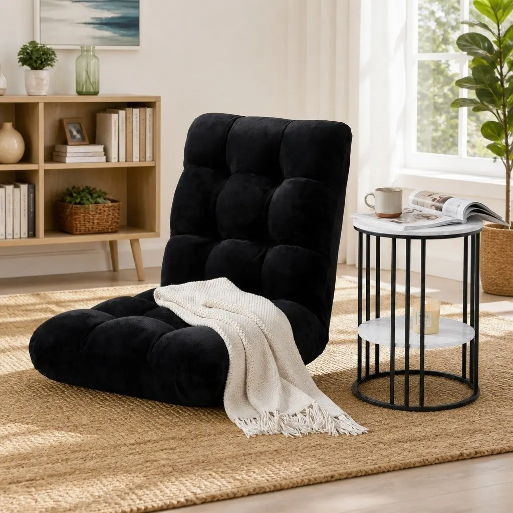 Floor Lounge Chair Flannel Fabric Black Adjustable Positions with 2-Tier Coffee Table MDF White and Black Living Room Set
