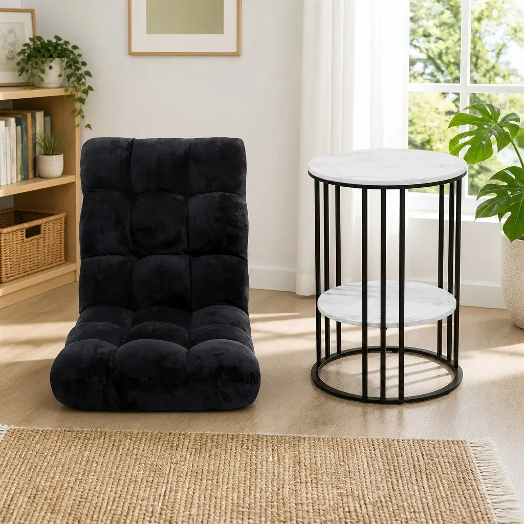 Floor Lounge Chair Flannel Fabric Black Adjustable Positions with 2-Tier Coffee Table MDF White and Black Living Room Set