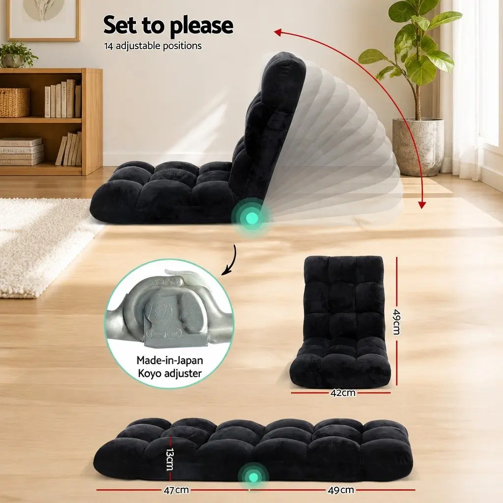 Floor Lounge Chair Flannel Fabric Black Adjustable Positions with 2-Tier Coffee Table MDF White and Black Living Room Set