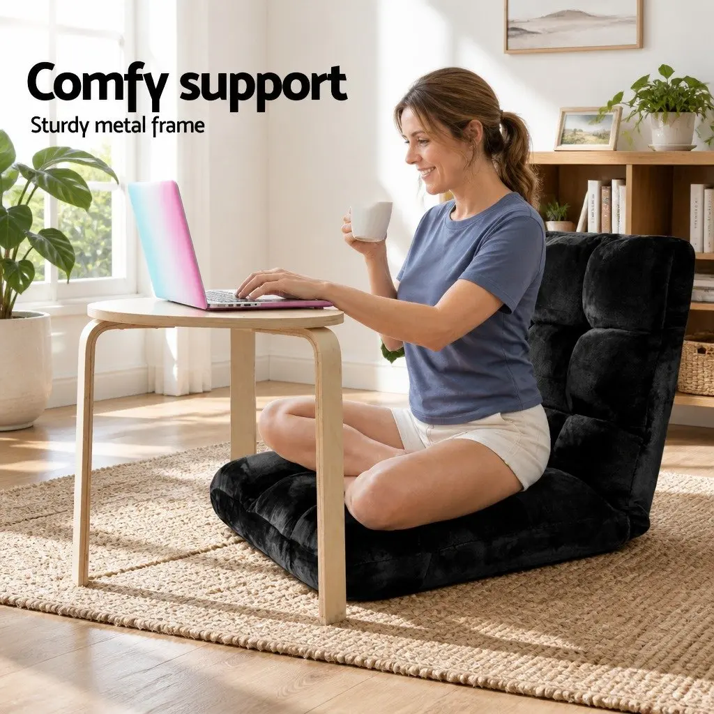 Floor Lounge Chair Flannel Fabric Black Adjustable Positions with 2-Tier Coffee Table MDF White and Black Living Room Set