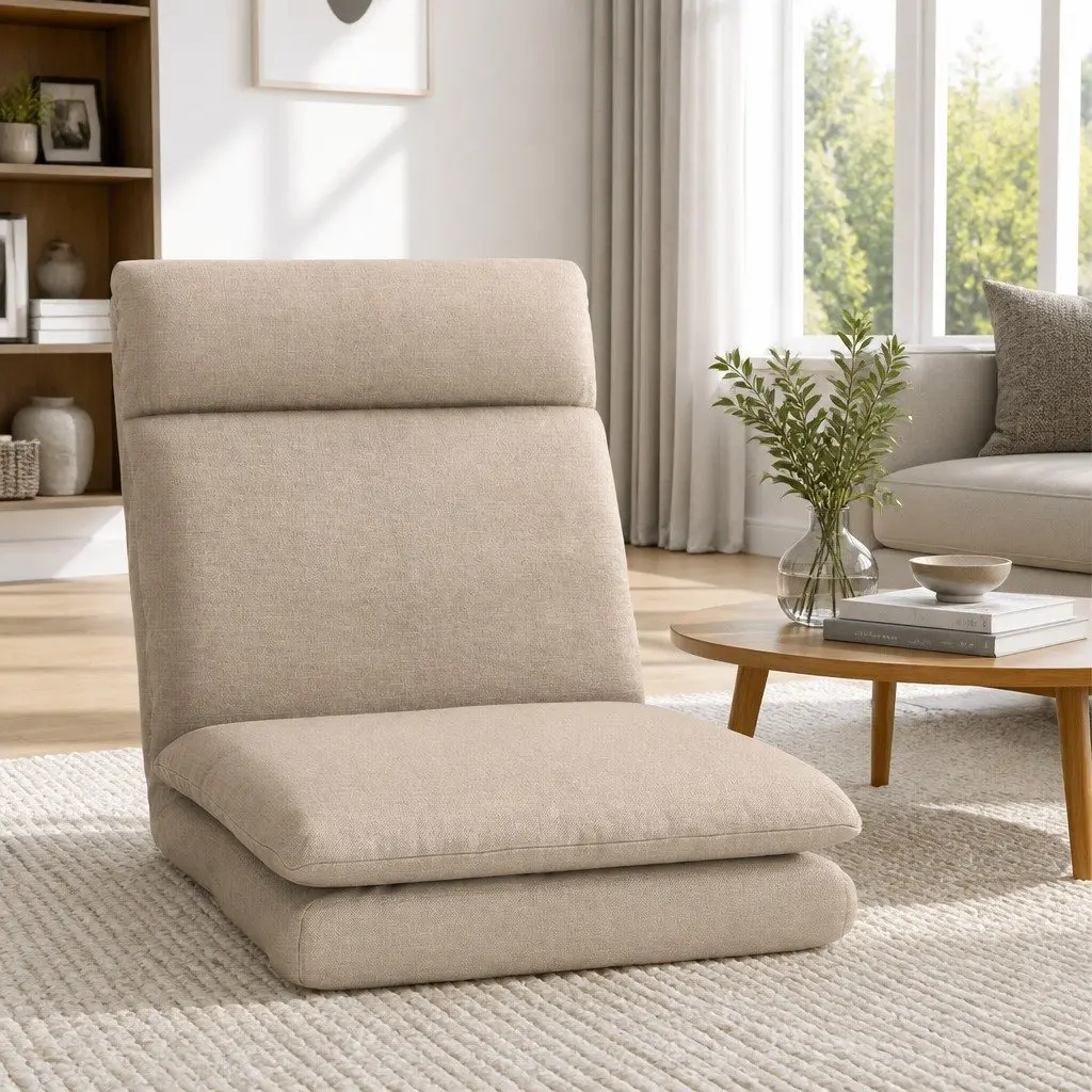 Floor Chair Sofa Faux Linen Fabric Beige 1 Seater Reclining Foldable Portable