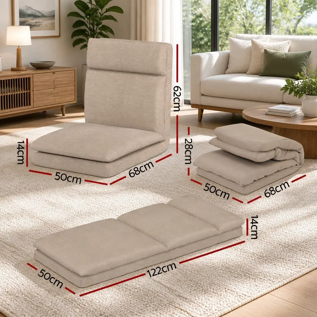 Floor Chair Sofa Faux Linen Fabric Beige 1 Seater Reclining Foldable Portable