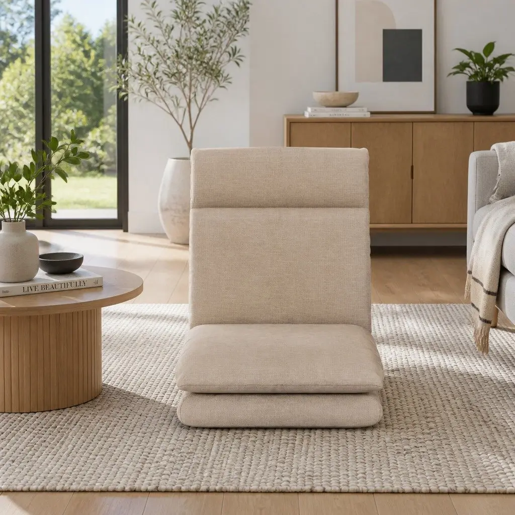 Floor Chair Sofa Faux Linen Fabric Beige 1 Seater Reclining Foldable Portable