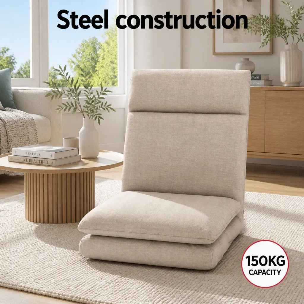 Floor Chair Sofa Faux Linen Fabric Beige 1 Seater Reclining Foldable Portable