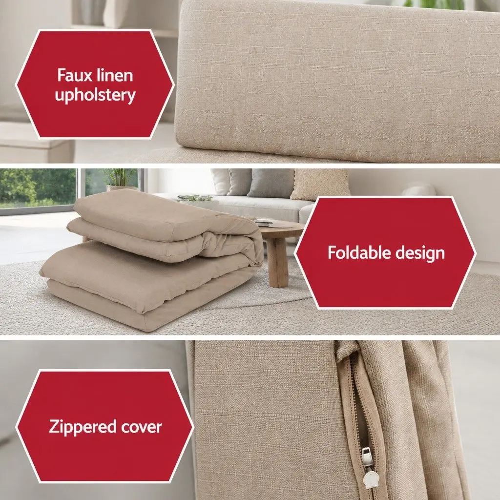 Floor Chair Sofa Faux Linen Fabric Beige 1 Seater Reclining Foldable Portable