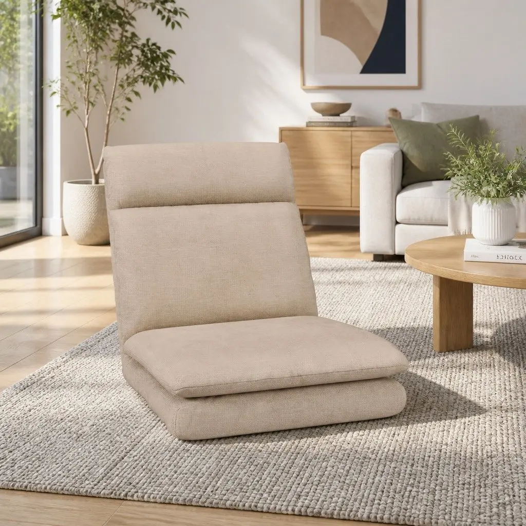 Floor Chair Sofa Faux Linen Fabric Beige 1 Seater Reclining Foldable Portable