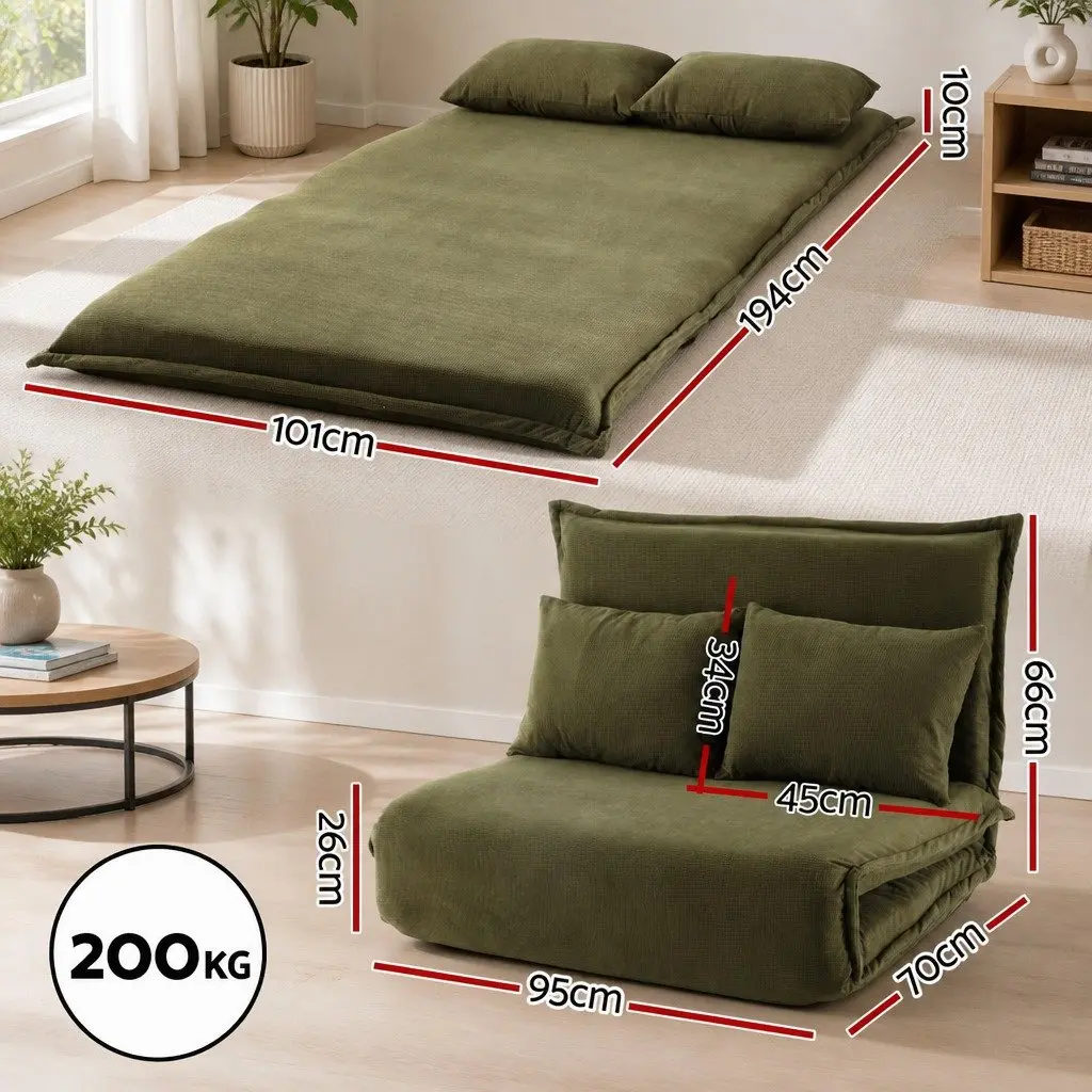 Adjustable Green Corduroy 2-Seater Lounge Sofa Bed