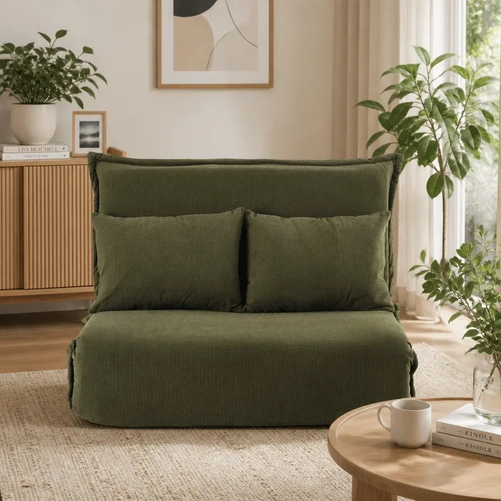 Adjustable Green Corduroy 2-Seater Lounge Sofa Bed