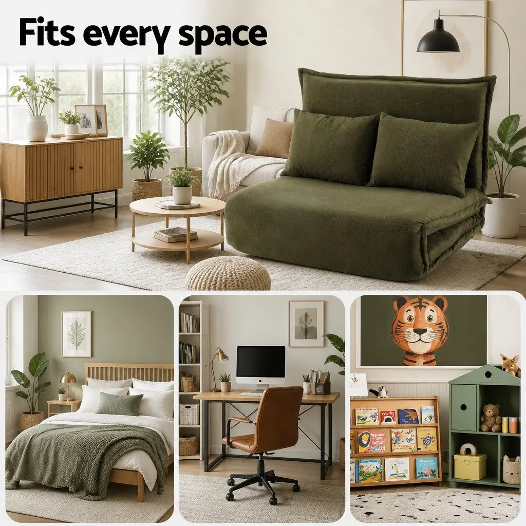 Adjustable Green Corduroy 2-Seater Lounge Sofa Bed