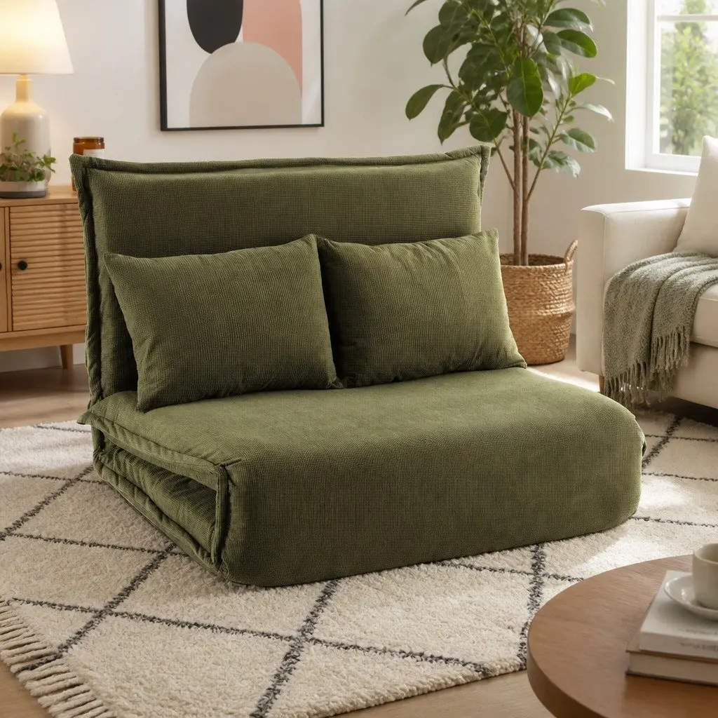 Adjustable Green Corduroy 2-Seater Lounge Sofa Bed