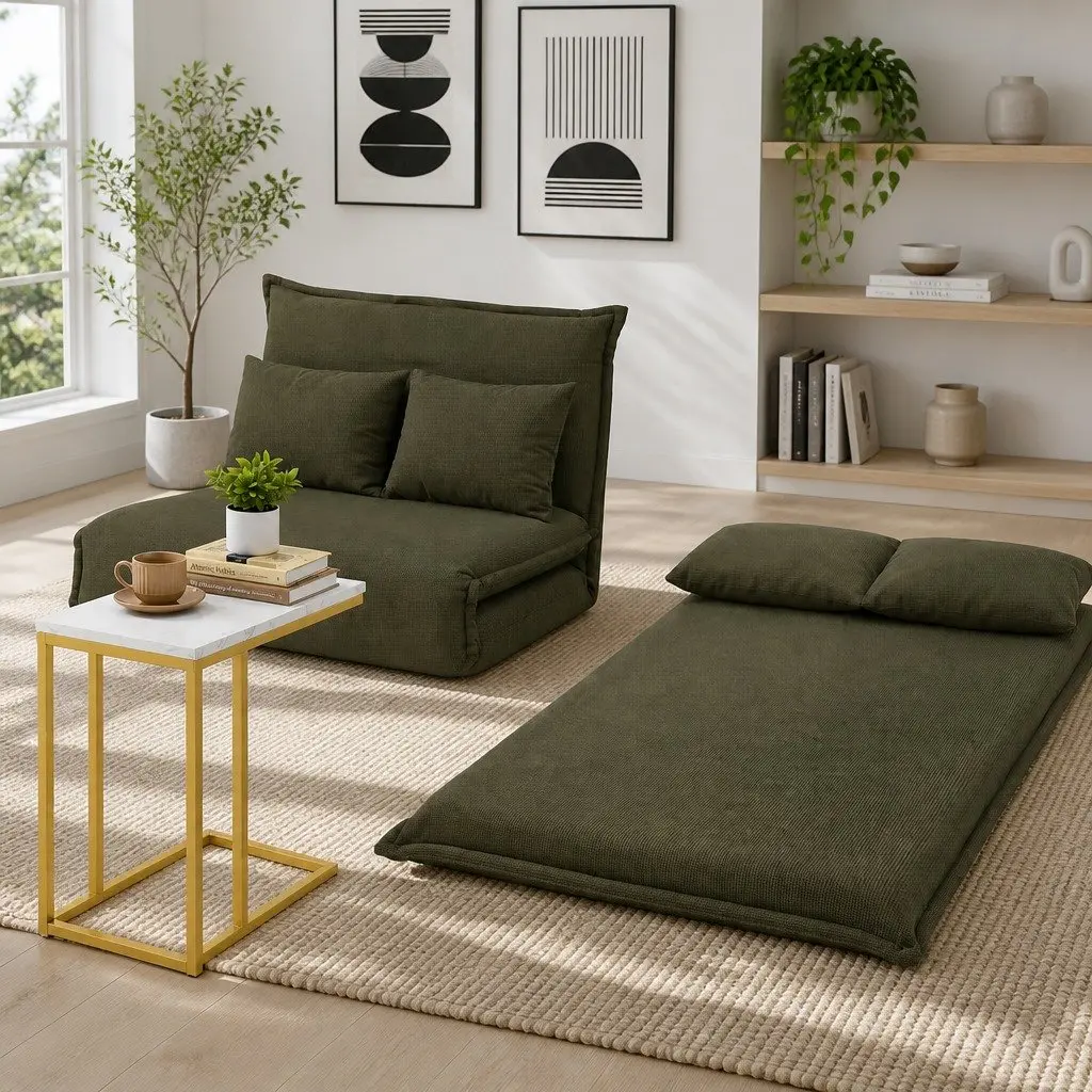 Floor Lounge Sofa Bed Chair Corduroy Green Adjustable Backrest Side Table Marble Effect C Shape
