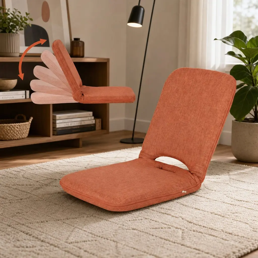 Adjustable Floor Chair Orange Foldable Recliner 5 Position Lazy Sofa for Indoor Relaxation