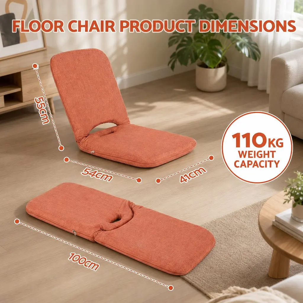 Adjustable Floor Chair Orange Foldable Recliner 5 Position Lazy Sofa for Indoor Relaxation