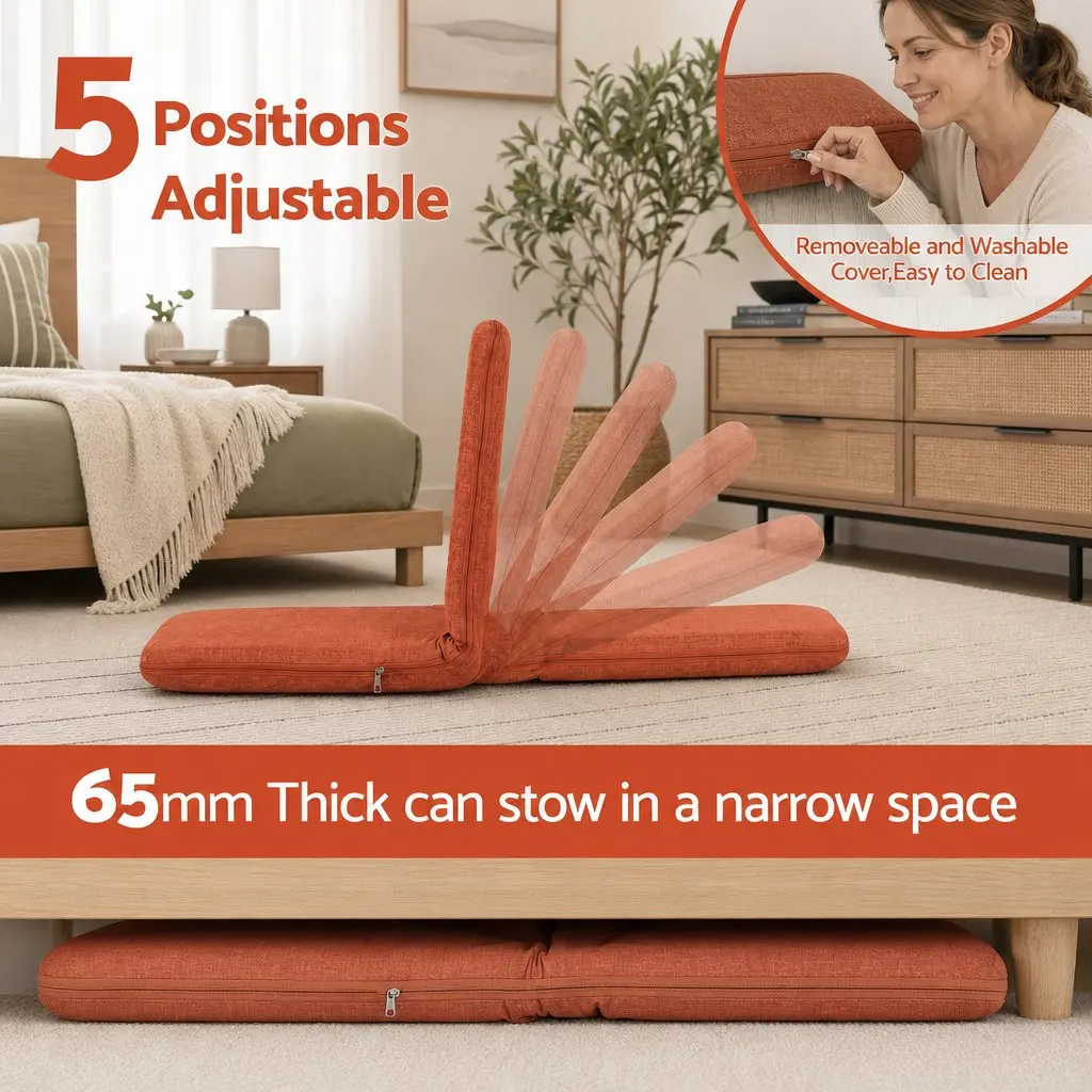Adjustable Floor Chair Orange Foldable Recliner 5 Position Lazy Sofa for Indoor Relaxation