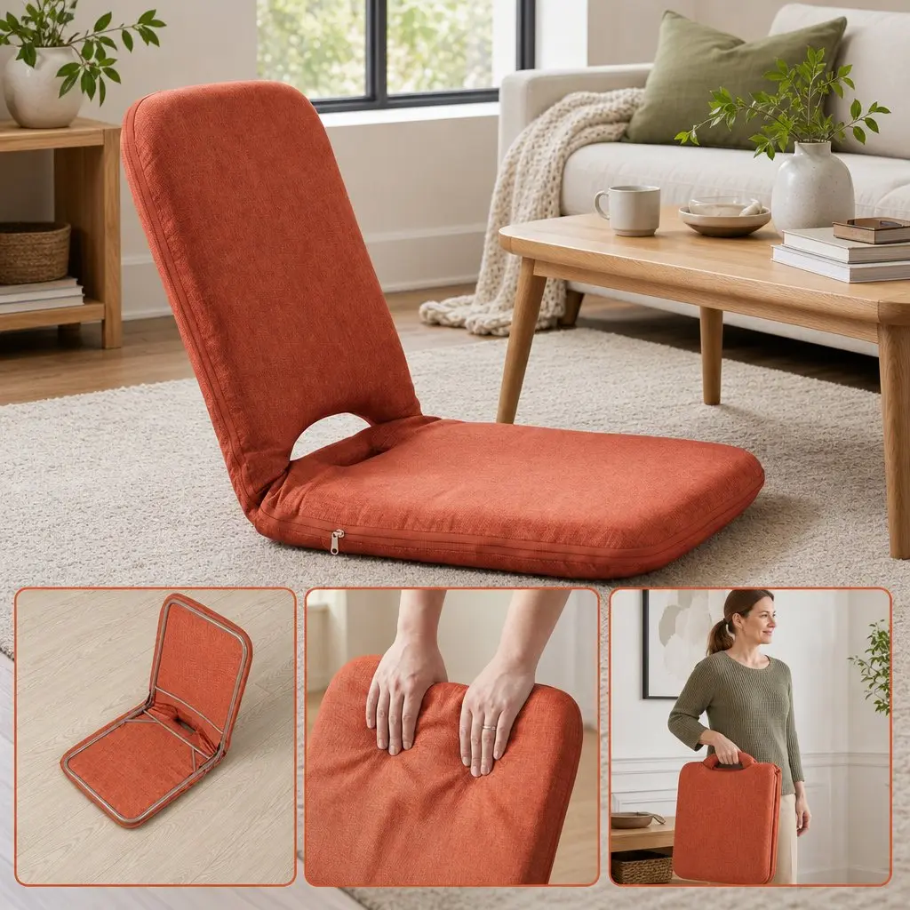 Adjustable Floor Chair Orange Foldable Recliner 5 Position Lazy Sofa for Indoor Relaxation
