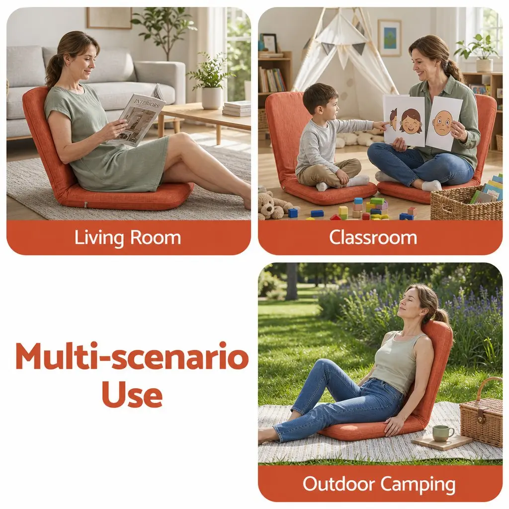 Adjustable Floor Chair Orange Foldable Recliner 5 Position Lazy Sofa for Indoor Relaxation