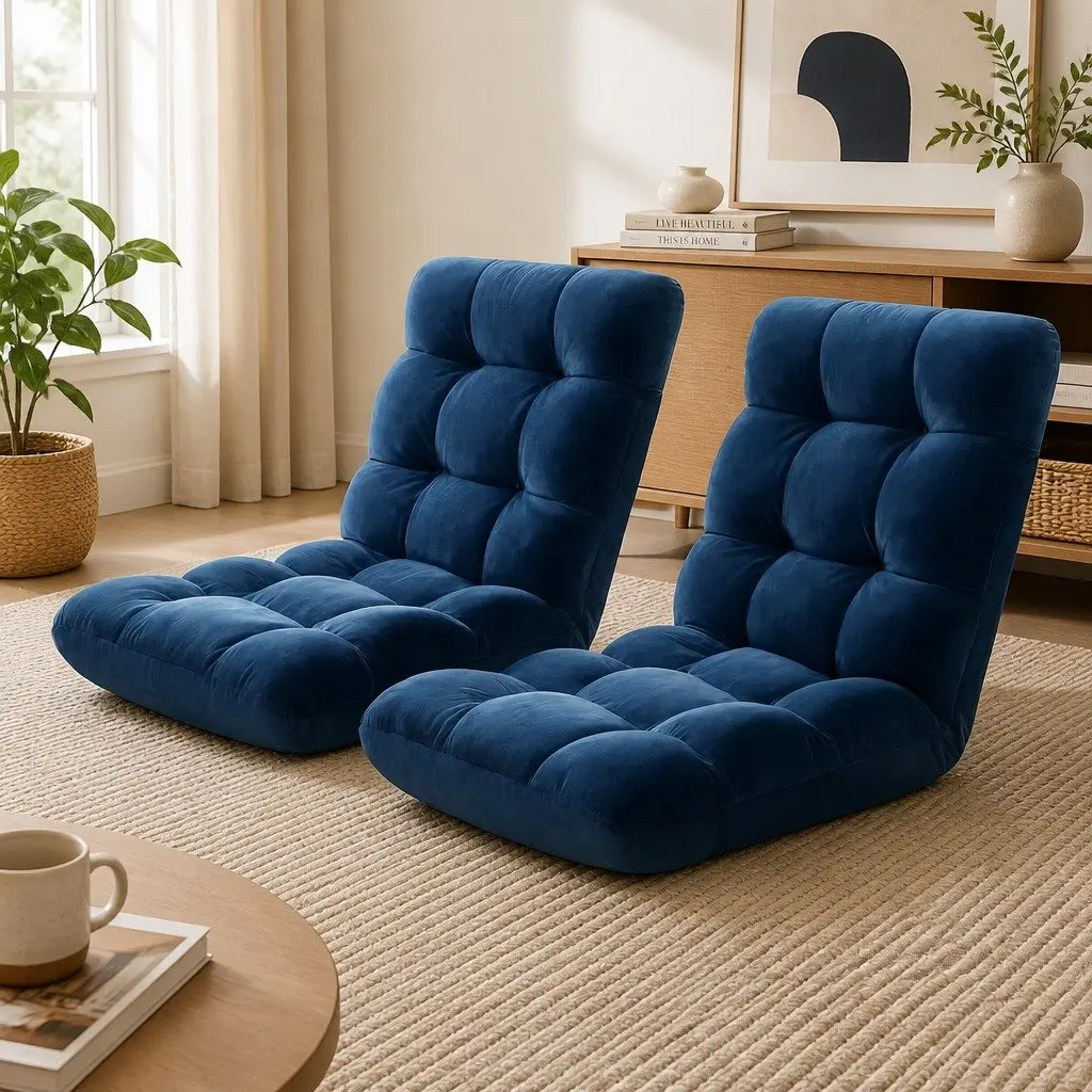 Adjustable Floor Lounge Sofa Bed Chair Navy Flannel Fabric 14 Positions Recliner