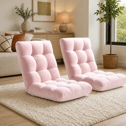 2PCS Floor Lounge Sofa Bed Chair 14-Position Adjustable Recliner Pink Flannel