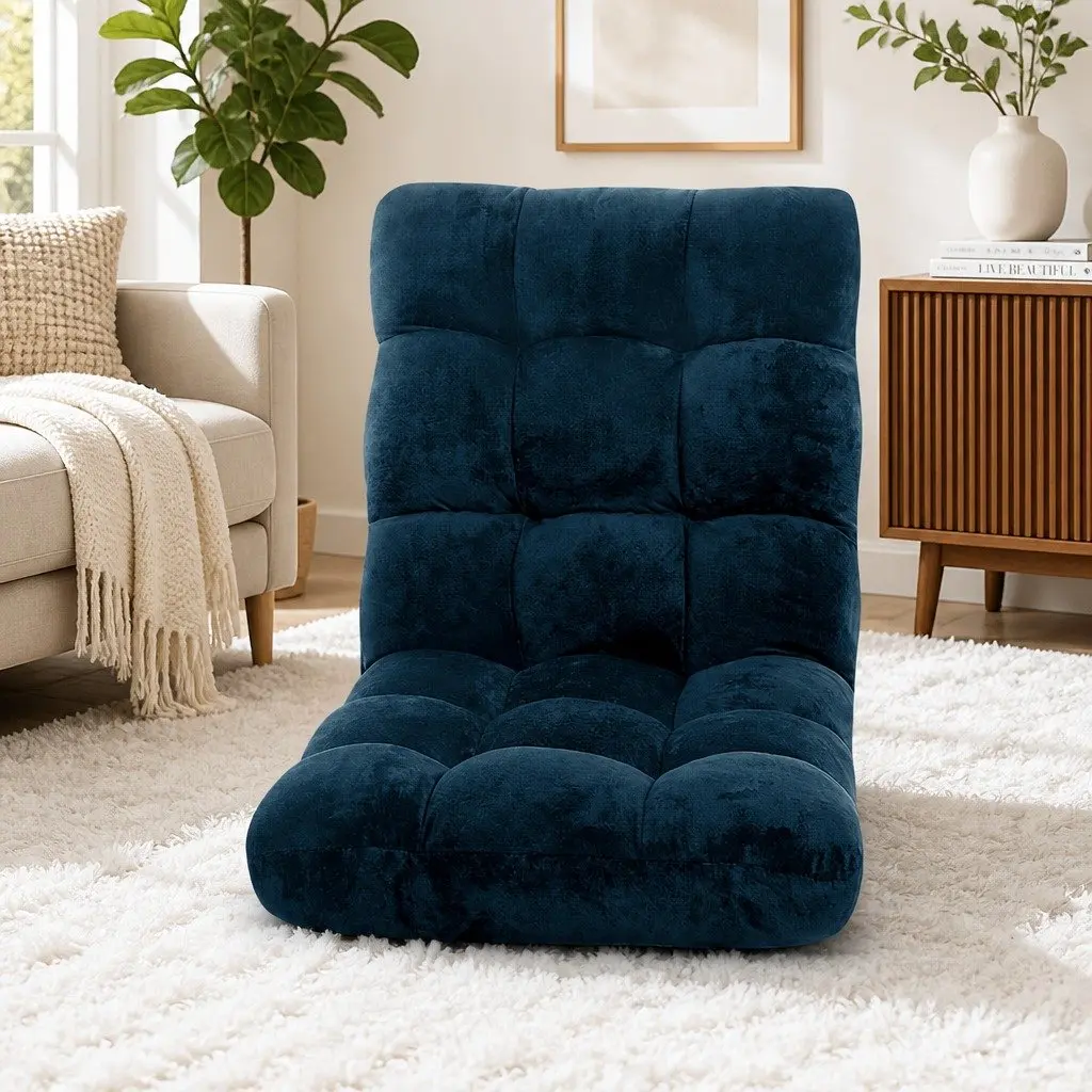 Lounge Sofa Chair Flannel Fabric Adjustable 14 Positions Navy Blue