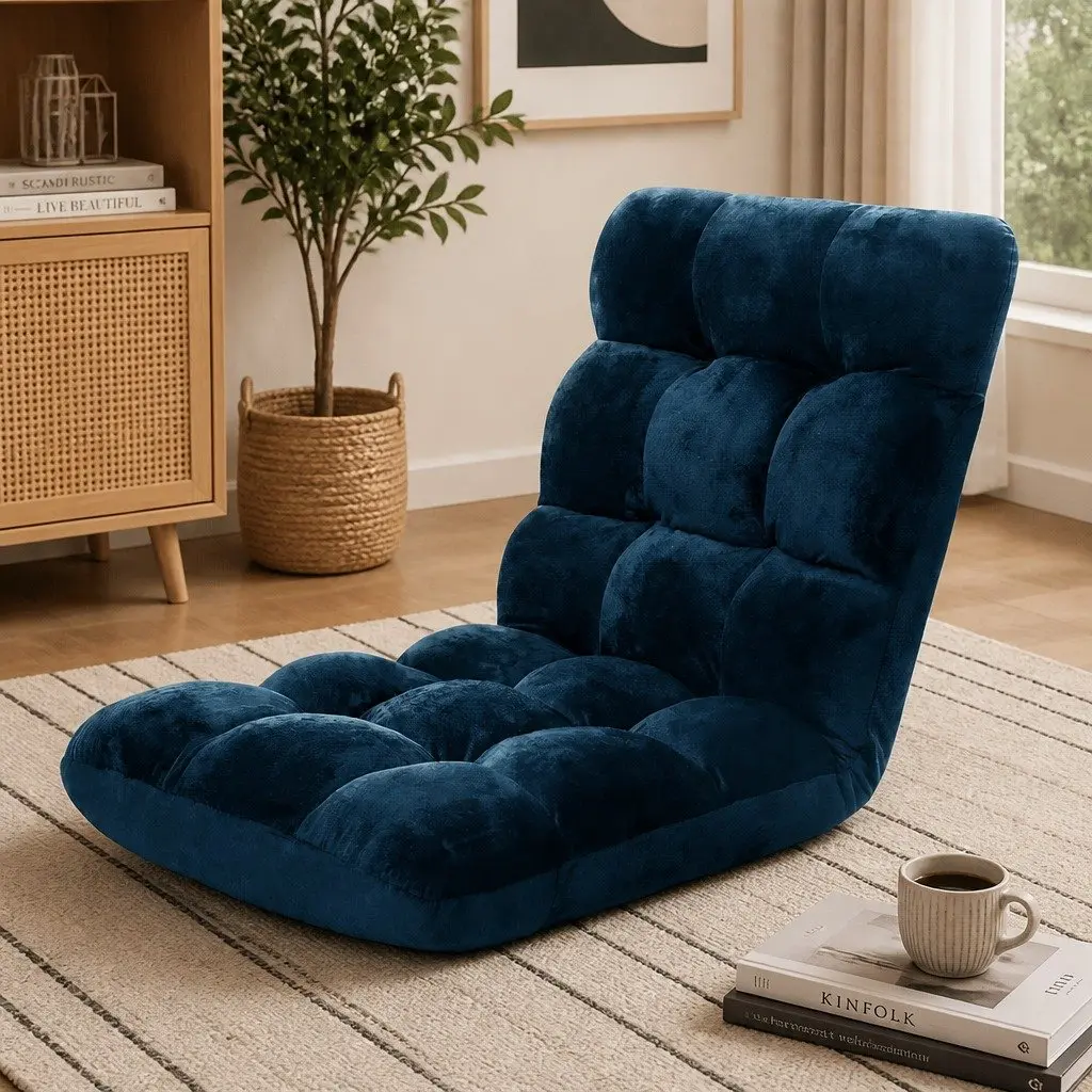 Lounge Sofa Chair Flannel Fabric Adjustable 14 Positions Navy Blue