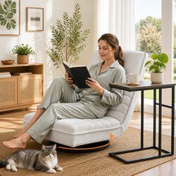 Floor Lounge Chair Swivel Foldable White Sofa with C-Shaped Side Table Set