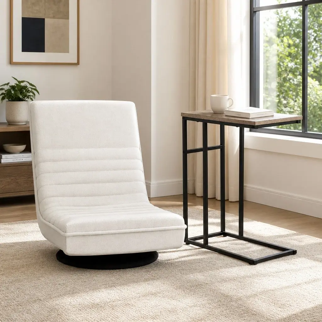 Floor Lounge Chair Faux Linen Fabric White 360 Degree Swivel with C Shaped Side Table Set Steel