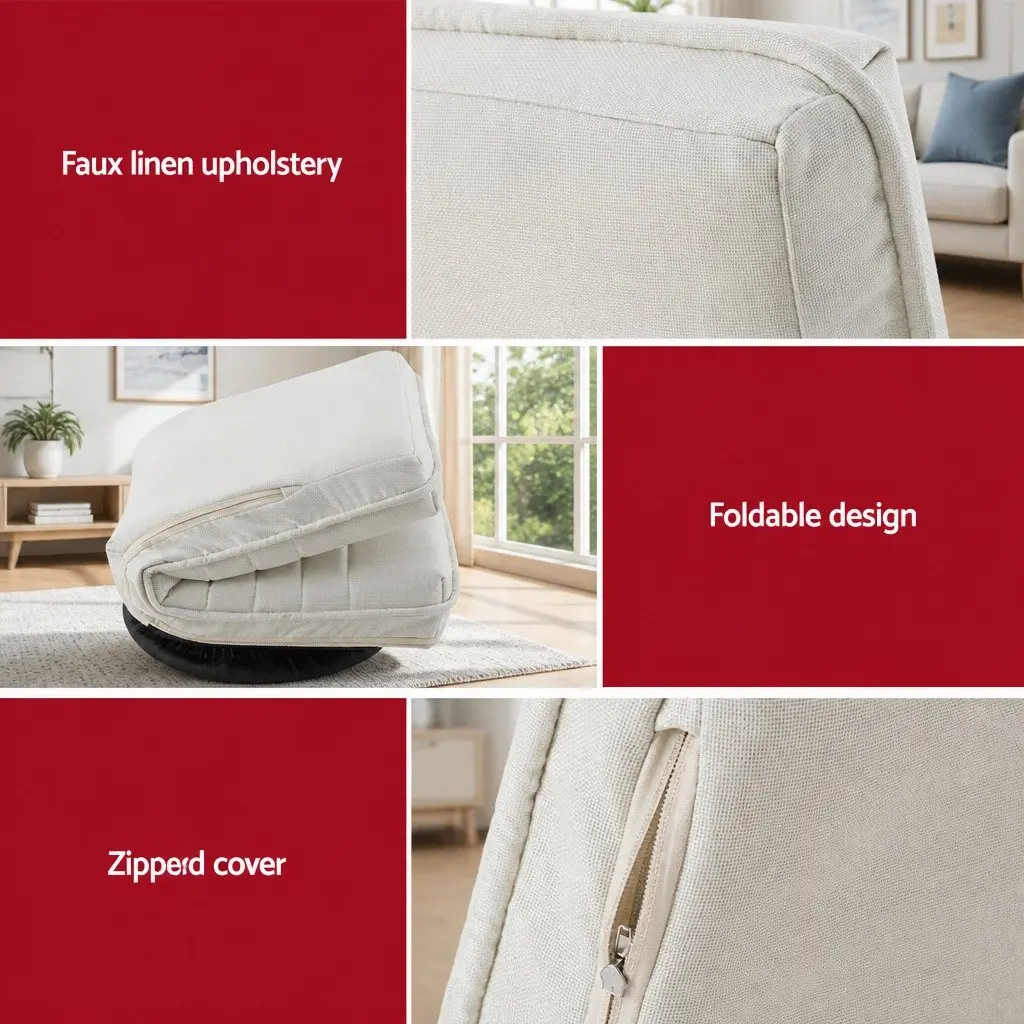 Floor Lounge Chair Faux Linen Fabric White 360 Degree Swivel with C Shaped Side Table Set Steel