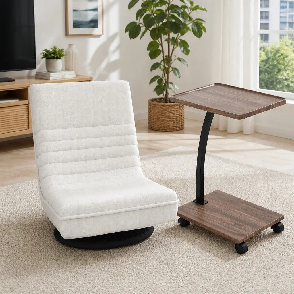 Floor Lounge Chair Faux Linen 360° Swivel Foldable White with Mobile Side Table C-shaped Walnut or Black