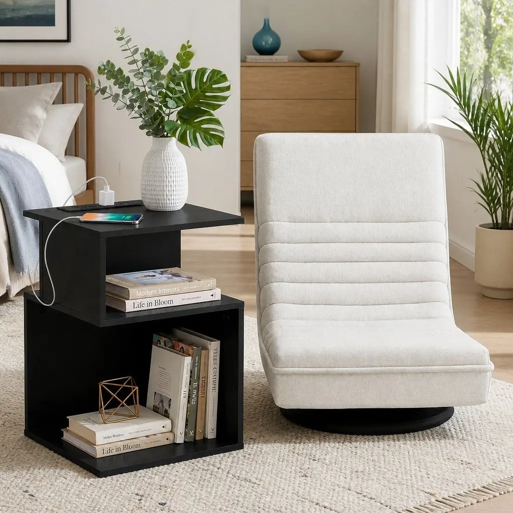 Swivel Floor Lounge Chair Faux Linen White Bedside Table Particle Board Black