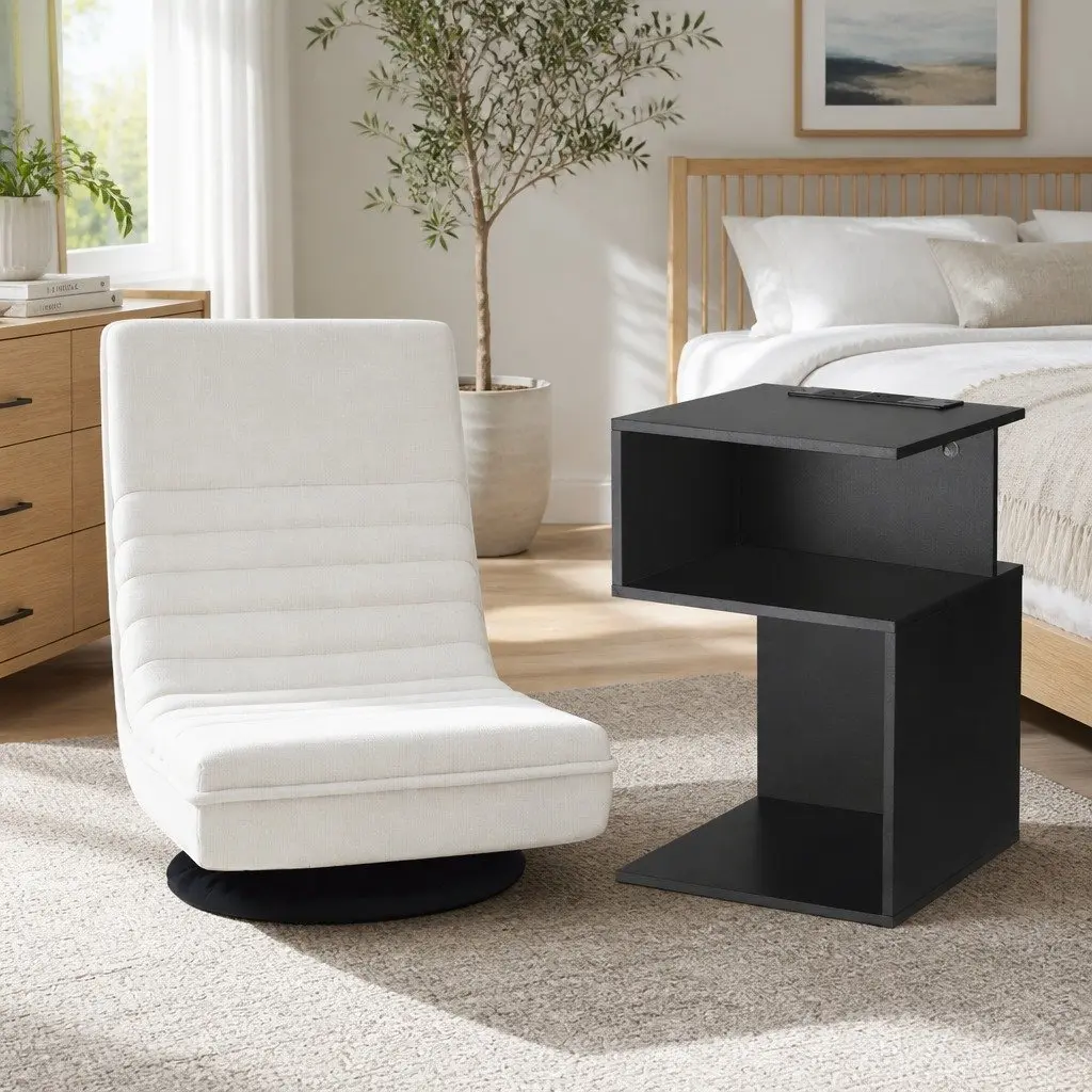 Swivel Floor Lounge Chair Faux Linen White Bedside Table Particle Board Black