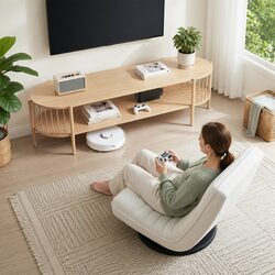 Swivel Floor Lounge Chair & TV Entertainment Unit Storage Shelf White Pine Set