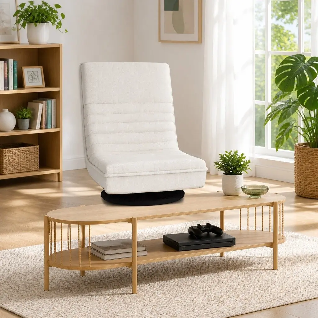 Swivel Floor Lounge Chair Faux Linen Foam White Pine TV Entertainment Unit Storage Shelf Set