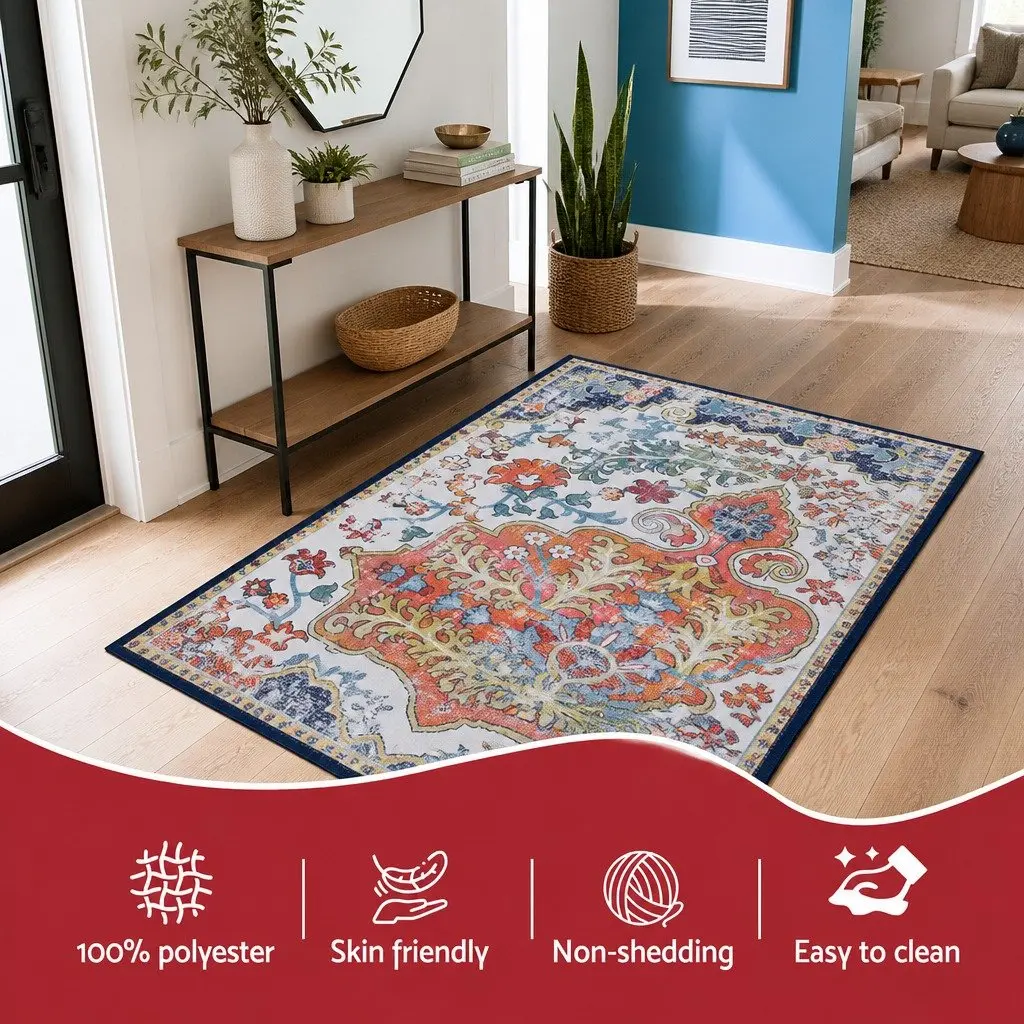 Floor Rug Flannel Fabric 50x80cm Beige Blue Orange Bohemian Pattern Anti-Slip Backing