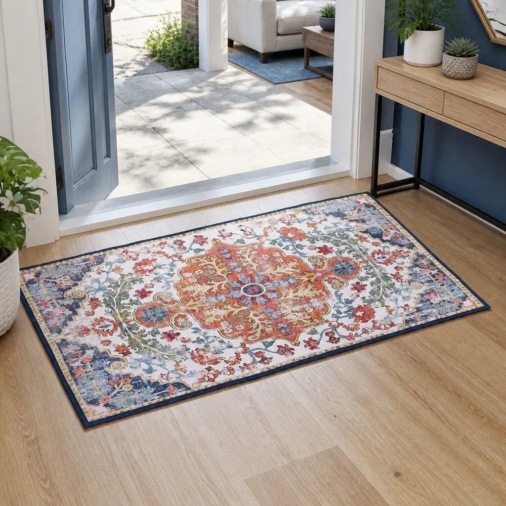 Floor Rug Flannel Fabric 50x80cm Beige Blue Orange Bohemian Pattern Anti-Slip Backing