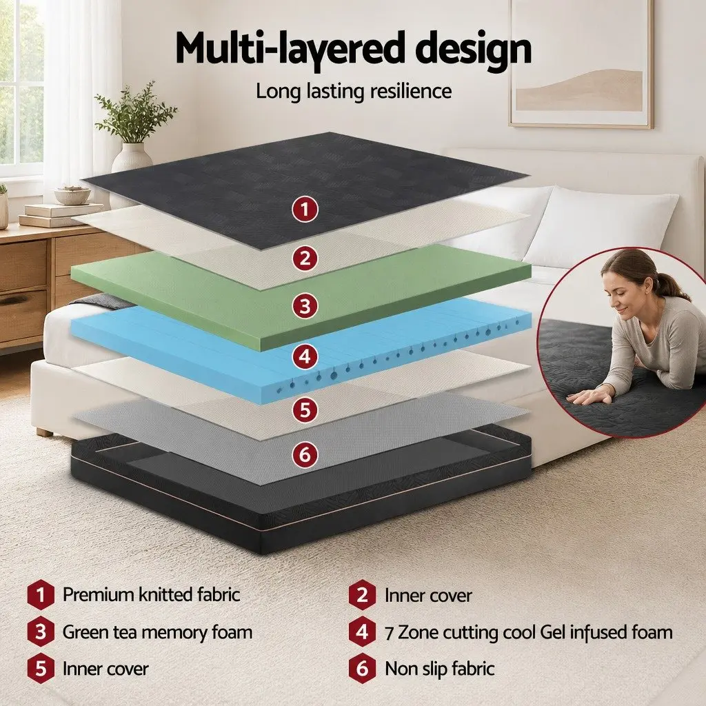 Memory Foam Mattress 18cm Cooling Gel Green Tea King Size Black